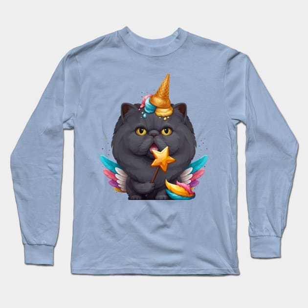 Black Persian Cat Ice Cream Unicorn Long Sleeve T-Shirt by stonemask